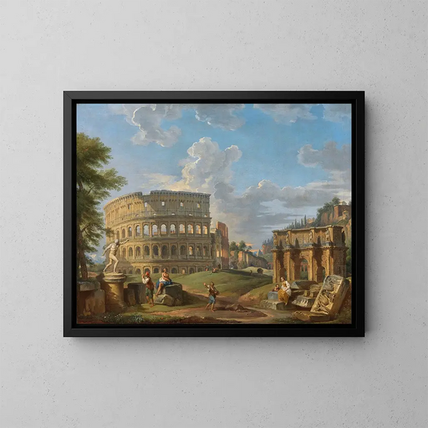 Landscape Painting with the Colosseum and the Arch of Constantine in Rome - Giovanni Paolo Panini — framed artwork on a wall