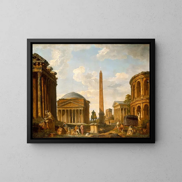 Roman Caprice: The Pantheon and other monuments - Giovanni Paolo Panini — framed artwork on a wall