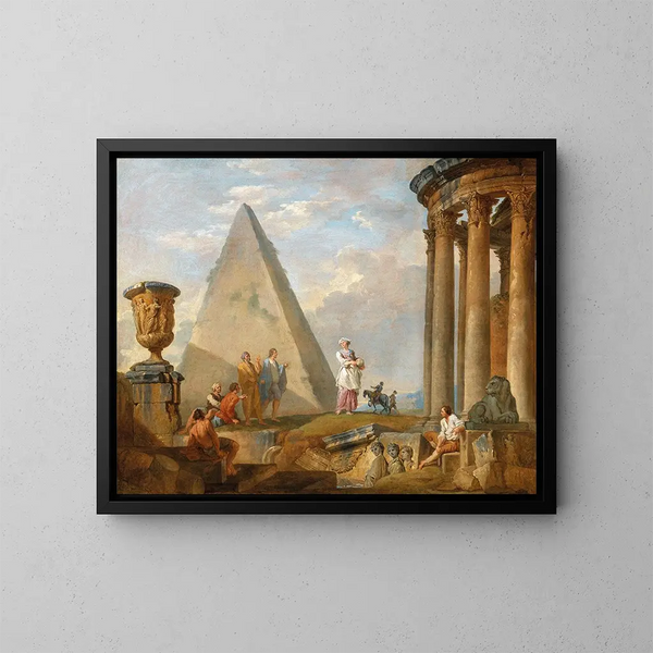 Ruins with a Woman Preaching - Giovanni Paolo Panini — framed artwork on a wall