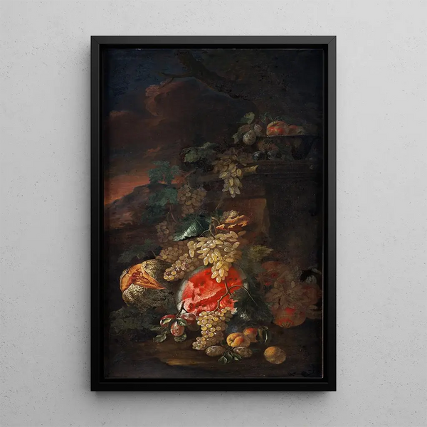 Naturaleza muerta de frutas con un paisaje de fondo - Giovanni Paolo Spadino — cuadro enmarcado en la pared