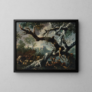 Shepherds under a tree on top of a cliff - Giulio Bucci — framed artwork on a wall