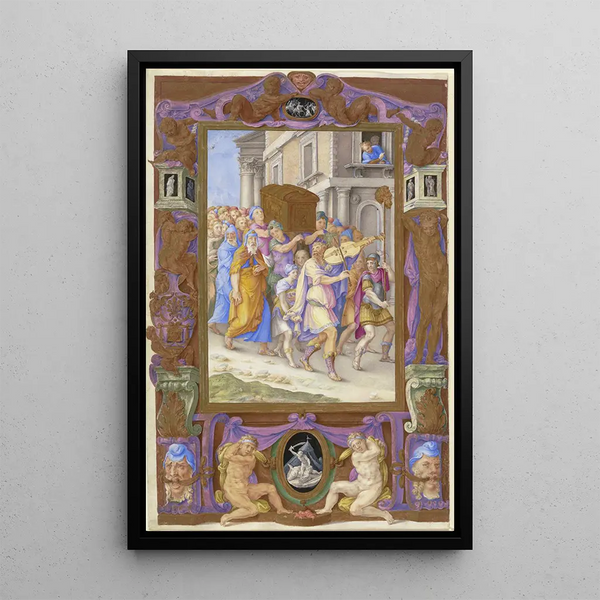 El Rey David bailando frente a la Arca de la alianza en un marco decorativo - Giulio Clovio — cuadro enmarcado en la pared