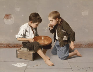Children blowing soap bubbles - Giulio del Torre — artwork view