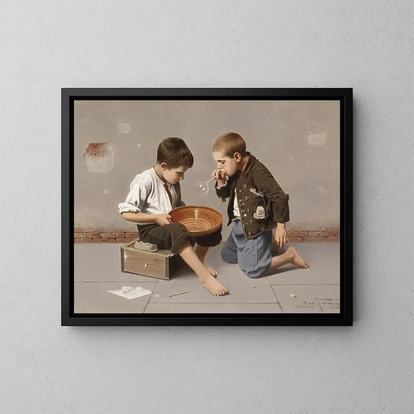 Children blowing soap bubbles - Giulio del Torre — framed artwork on a wall
