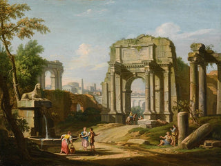 Caprice arquitectónico con ruinas antiguas, un esfinge y figuras cerca de una fuente - Giuseppe Zocchi — vista de la obra