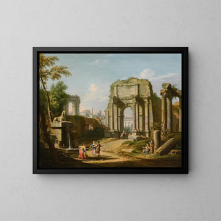 Caprice arquitectónico con ruinas antiguas, un esfinge y figuras cerca de una fuente - Giuseppe Zocchi — cuadro enmarcado en la pared