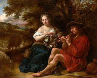Bergère elegante escuchando a un pastor tocar la flauta en un paisaje arcadico - Govert Flinck — vista de la obra