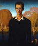 Arnold Pyle frente a un río con dos hombres desnudos bañándose - Grant Wood — vista de la obra