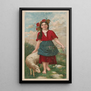 Gray Litho Co - Young girl wearing a red dress and blue apron full of wildflower.webp