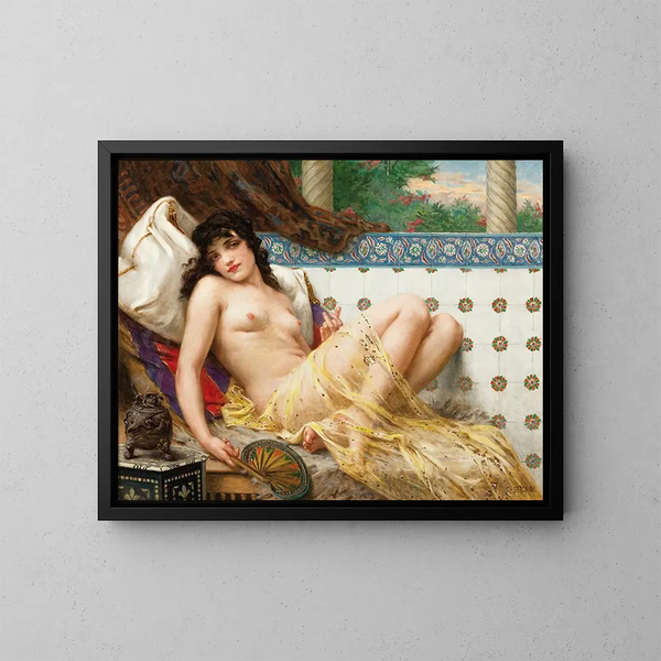 Odalisque with Fan - Guillaume Seignac — framed artwork on a wall