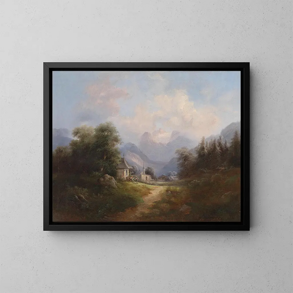Mountain Valley with Figures - Gustav Barbarini — framed artwork on a wall
