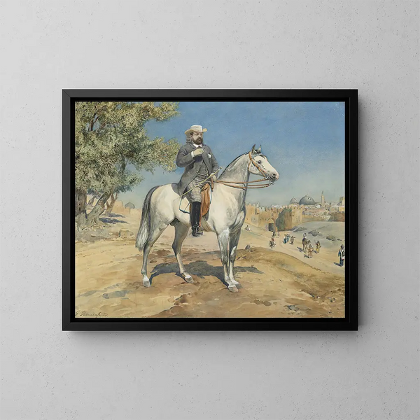 a Cavalier near a Jerusalem door - Gustav Bauernfeind — framed artwork on a wall