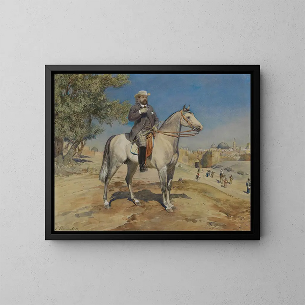 a Cavalier near a Jerusalem door - Gustav Bauernfeind — framed artwork on a wall