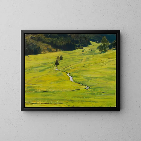 Valle forestal soleado con arroyo - Gustav Kampmann — cuadro enmarcado en la pared