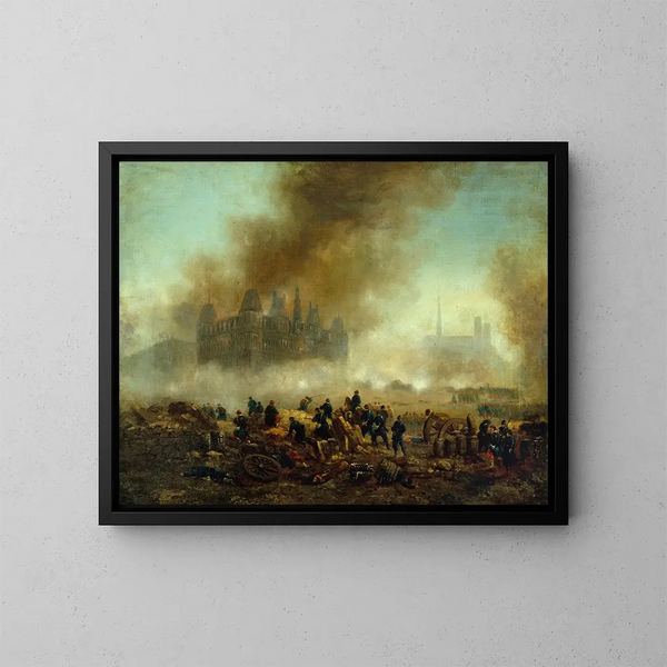 L'Hôtel de Ville incendié asaltado por las tropas de Versalles - Gustave Boulanger — cuadro enmarcado en la pared