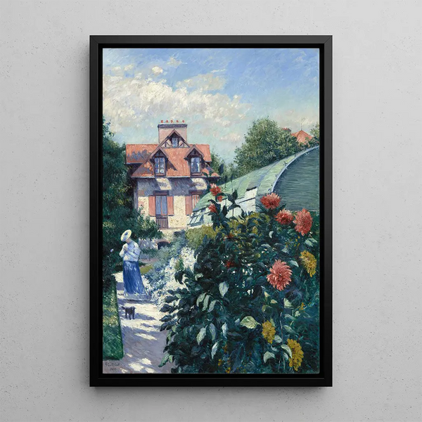 Dahlias in the Garden at Petit-Gennevilliers - Gustave Caillebotte — framed artwork on a wall