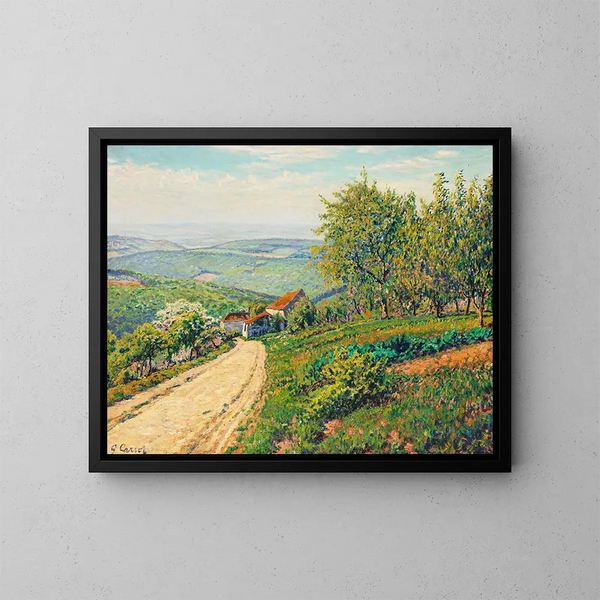 Pente avec chemin à travers le paysage estival vers la vallée - Gustave Cariot — framed artwork on a wall