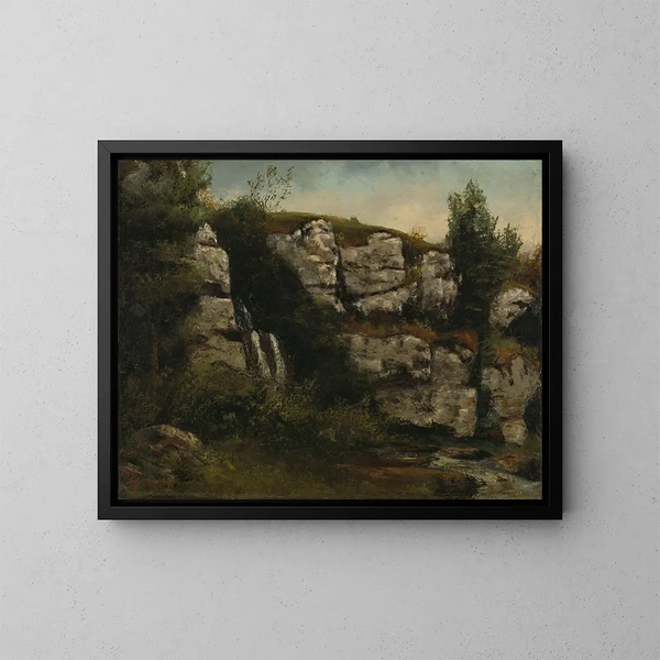 Paisaje con acantilados rocosos y una cascada - Gustave Courbet — cuadro enmarcado en la pared