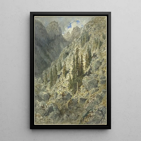 Un valle alpino con árboles y rocas - Gustave Doré — cuadro enmarcado en la pared