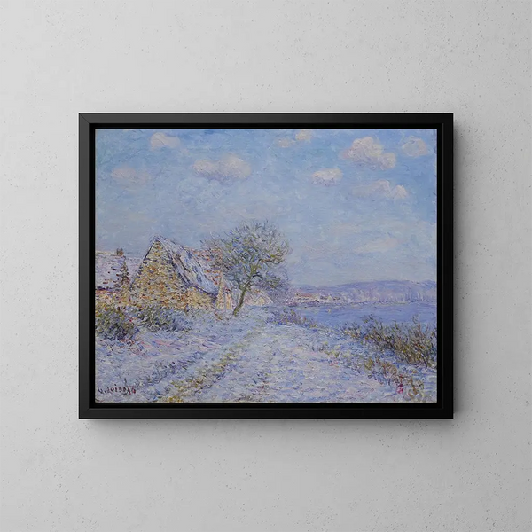 Tournedos sur Seine, snow, frost, sun - Gustave Loiseau — framed artwork on a wall