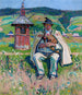 Highlander painting with a bandura on a landscape background - Gustav Pillati — artwork view