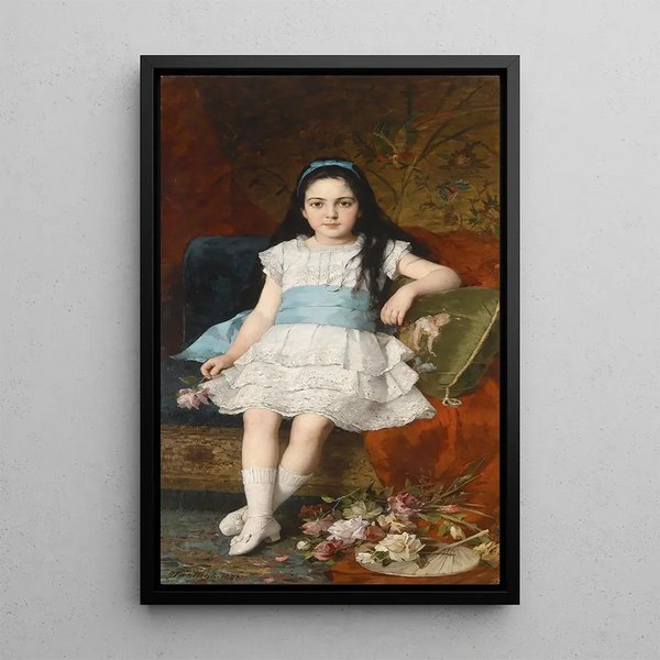 Retrato de una niña con vestido blanco y cinturón azul - György Vastagh — cuadro enmarcado en la pared
