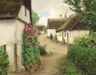 Hans Andersen Brendekilde - Sommerdag i en landsbygade med solsikker og rde stokroser.webp