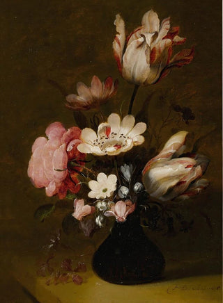 Hans Bollongier - Still Life With Tulips Peonies Anemones Hyacinths And Other Flowers In A Glass Vase On A Stone Ledge.webp