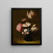 Nature morte avec tulipes, pivoines, anémones, jacinthes et autres fleurs dans un vase en verre sur un rebord en pierre - Hans Bollongier — framed artwork on a wall
