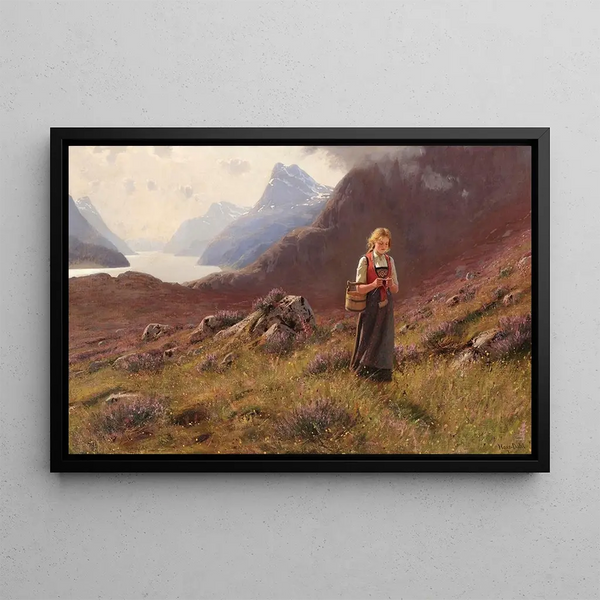 Hans Dahl - A girl knitting in a Norwegian landscape.webp