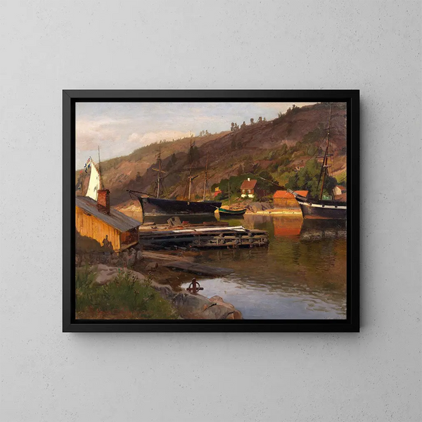 Quai de débarquement Husvik Drøbak - Hans Gude — framed artwork on a wall