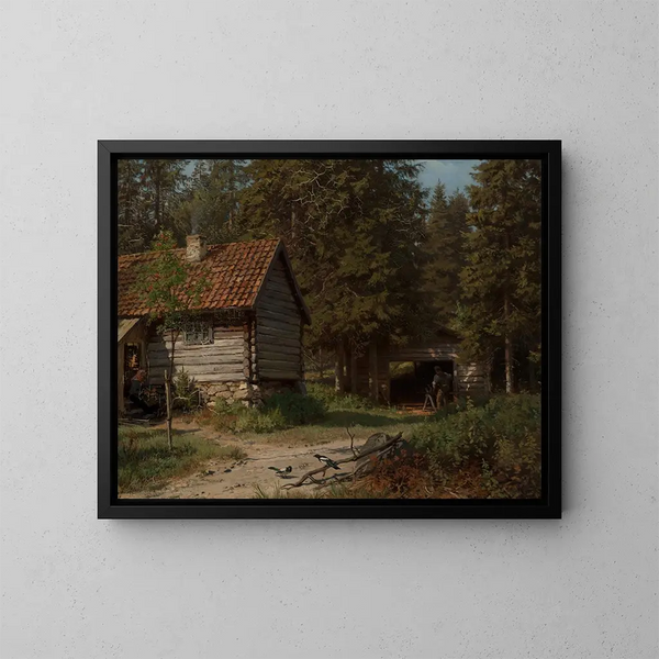 Cottage in the Forest - Hans Gude — framed artwork on a wall
