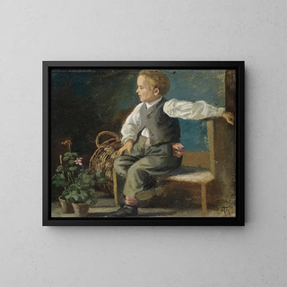 Hans Thoma - A young boy on a bench with flower pots and a wicker basket.webp