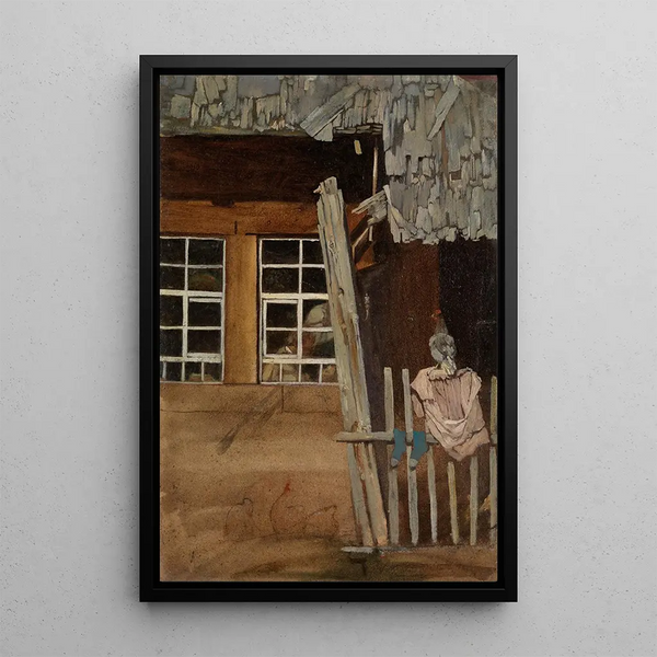 Rinconcito de casa campesina con cerca de jardín y gallina - Hans Thoma — cuadro enmarcado en la pared