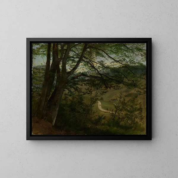 Vista a través de los árboles y los arbustos sobre el valle - Hans Thoma — cuadro enmarcado en la pared