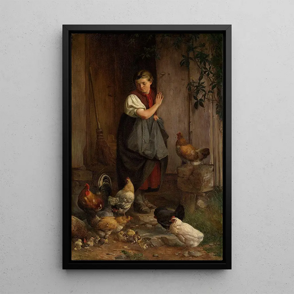 Alimentar a las gallinas - Hans Thoma — cuadro enmarcado en la pared