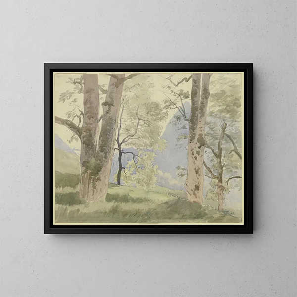 Forest Landscape Painting of the Black Forest, view from the forest edge on the mountains - Hans Thoma — framed artwork on a wall