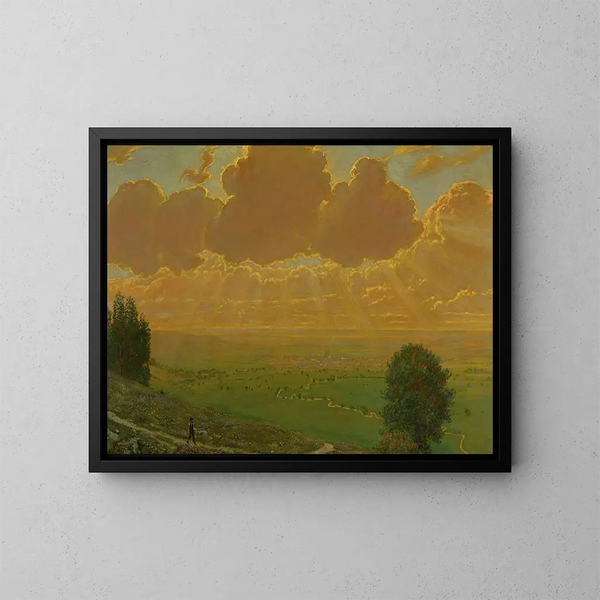 de Rayos de sol sobre Sckingen, Selva Negra, firmado con las iniciales del artista y fechado en 1910 - Hans Thoma — cuadro enmarcado en la pared