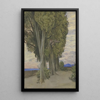 Hans Thoma - Zypressen in der Villa dEste unterhalb der Baunkronen ein Reigen drei Putten.webp