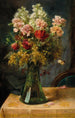 Un ramo de flores con tulipanes y claveles en un jarrón de cristal con mariposa - Hans Zatzka — vista de la obra
