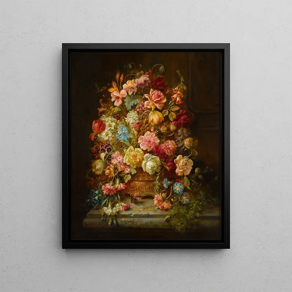 Hans Zatzka - A still life with flowers in a jardiniere resting on a ledge.webp