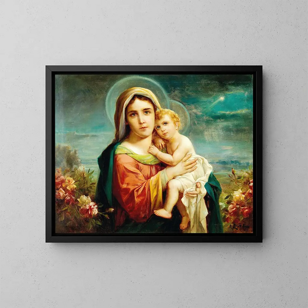 Virgen con el Niño y ángeles - Hans Zatzka — cuadro enmarcado en la pared