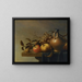 Nature morte avec une cruche et des fruits sur un rebord de pierre partiellement drapé - Harmen Steenwijck — framed artwork on a wall