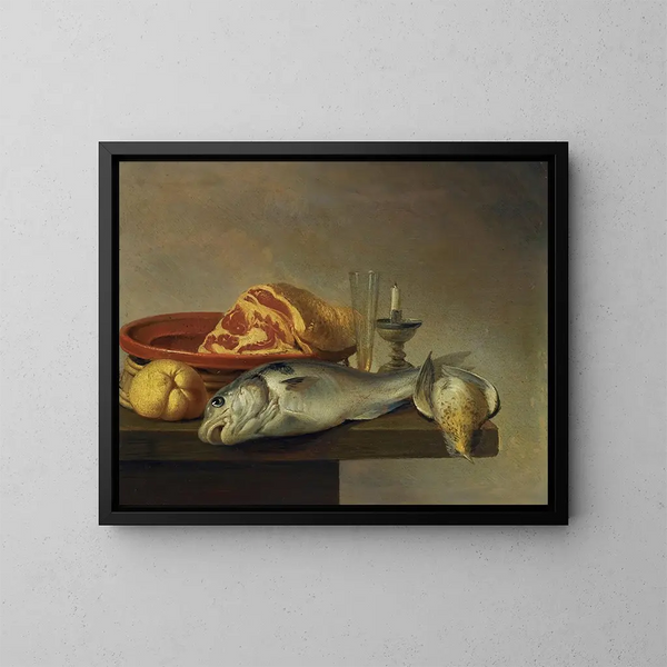 Naturaleza muerta con un jamón, un pez, una vela y otros objetos dispuestos en el borde de un cuadro - Harmen Steenwijck — cuadro enmarcado en la pared