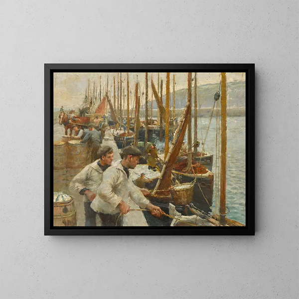 Fishing Boats at Newlyn - Harold Harvey — framed artwork on a wall