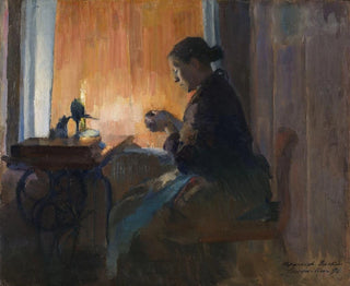 A la luz de la lámpara - Harriet Backer — vista de la obra