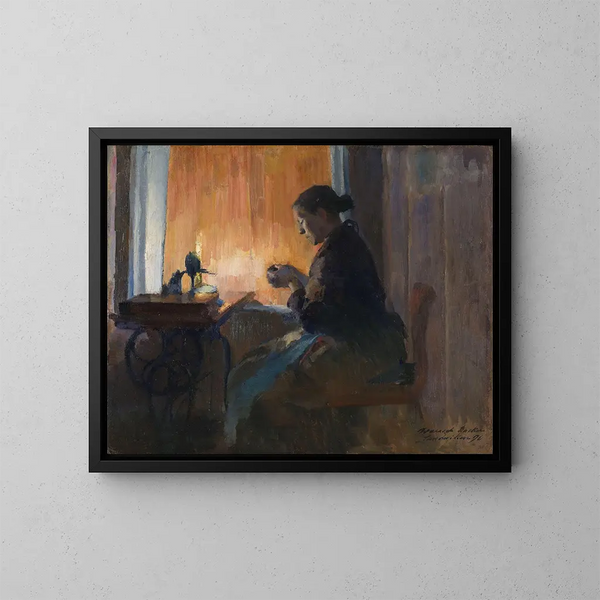 A la luz de la lámpara - Harriet Backer — cuadro enmarcado en la pared