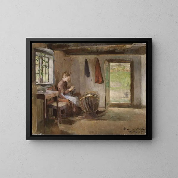 Interior de granja en Skotta en Brum - Harriet Backer — cuadro enmarcado en la pared