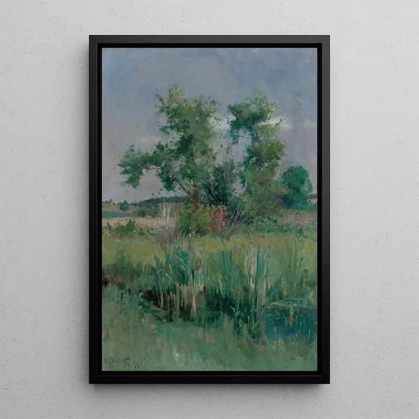 Impressionist view painting of trees and a stream - Harry Aiken Vincent — framed artwork on a wall