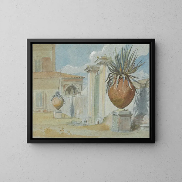 Villa Massimi, puerta de Roma flanqueada por palmeras en grandes jarrones de barro cocido - Harry John Johnson — cuadro enmarcado en la pared